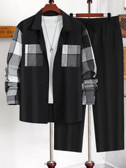 Erkaklar uchun Katta O'lchamli Kuz Plaid Tasodifiy To'plam, Oddiy moslashuv, Polyester mato, Tekis rang va tekis naqshli aksessuarlar, Uzoq yengli ko'ylak va tugmachali sport kostyumi.