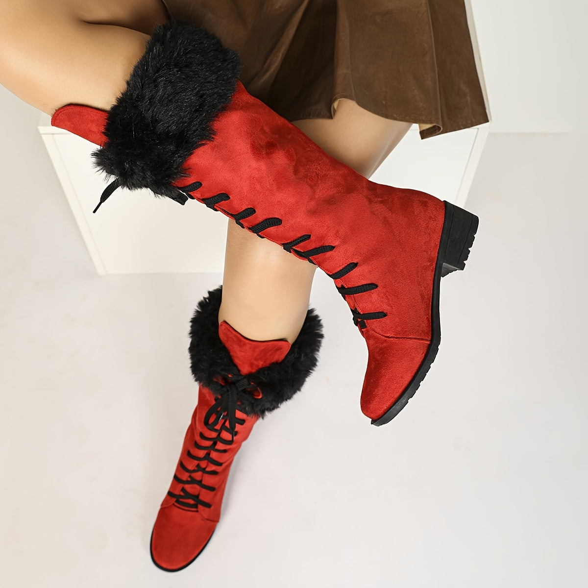 Women's Winter Faux Fur Trim Knee-High Boots Retro Style Cold Weather