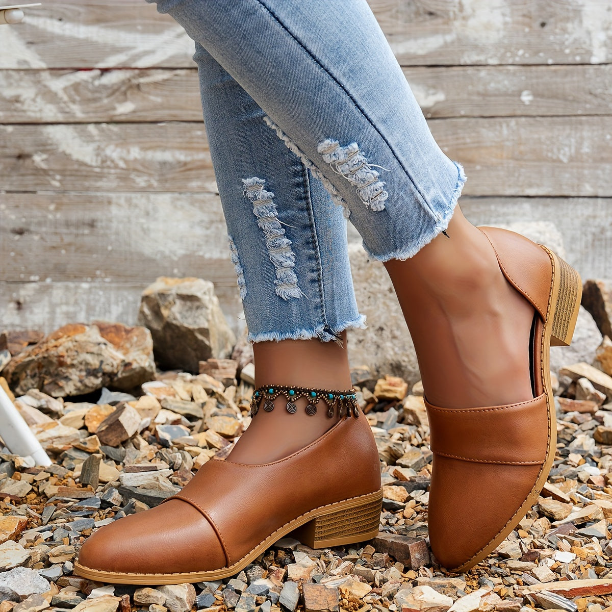 Women's Patchwork Low Heel Pumps with Chunky Heel and Side Cutouts