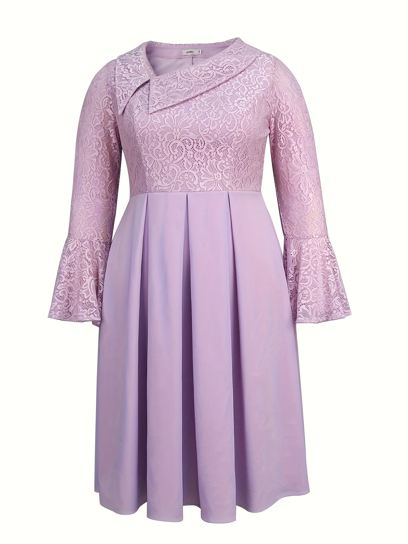Women's Lace Panel A-Line Party Dress Flared Long Sleeve Midi Solid