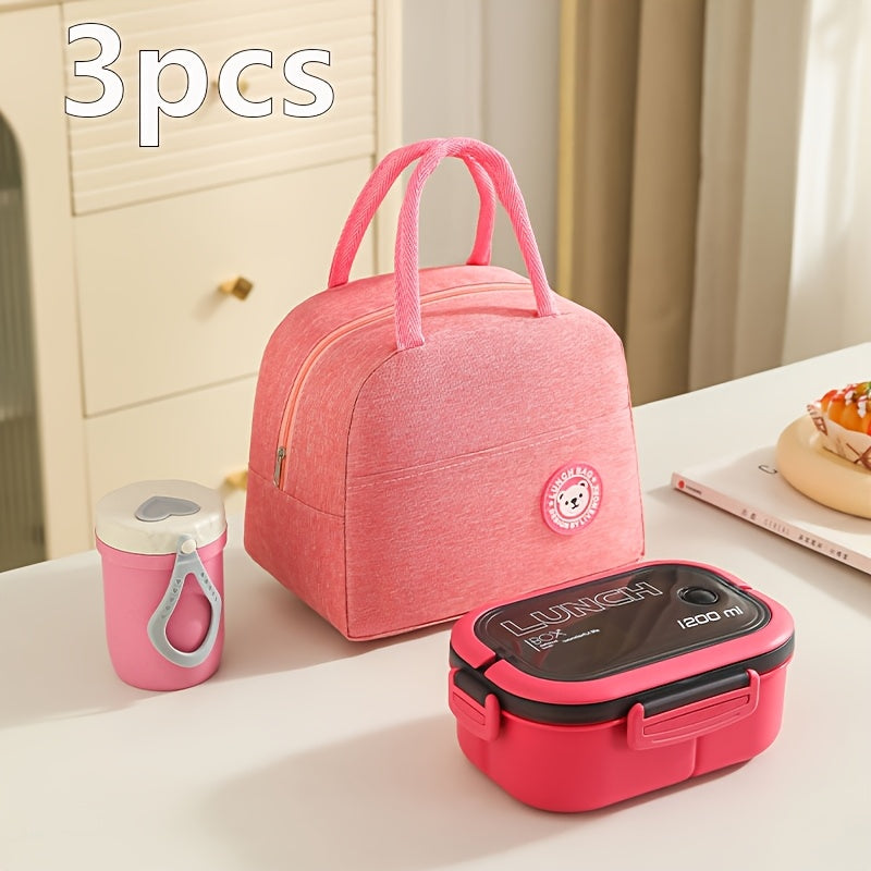 Three-Piece Lunch Bag Set with Inner Compartments and Storage Pouches for School Work Picnics and Camping