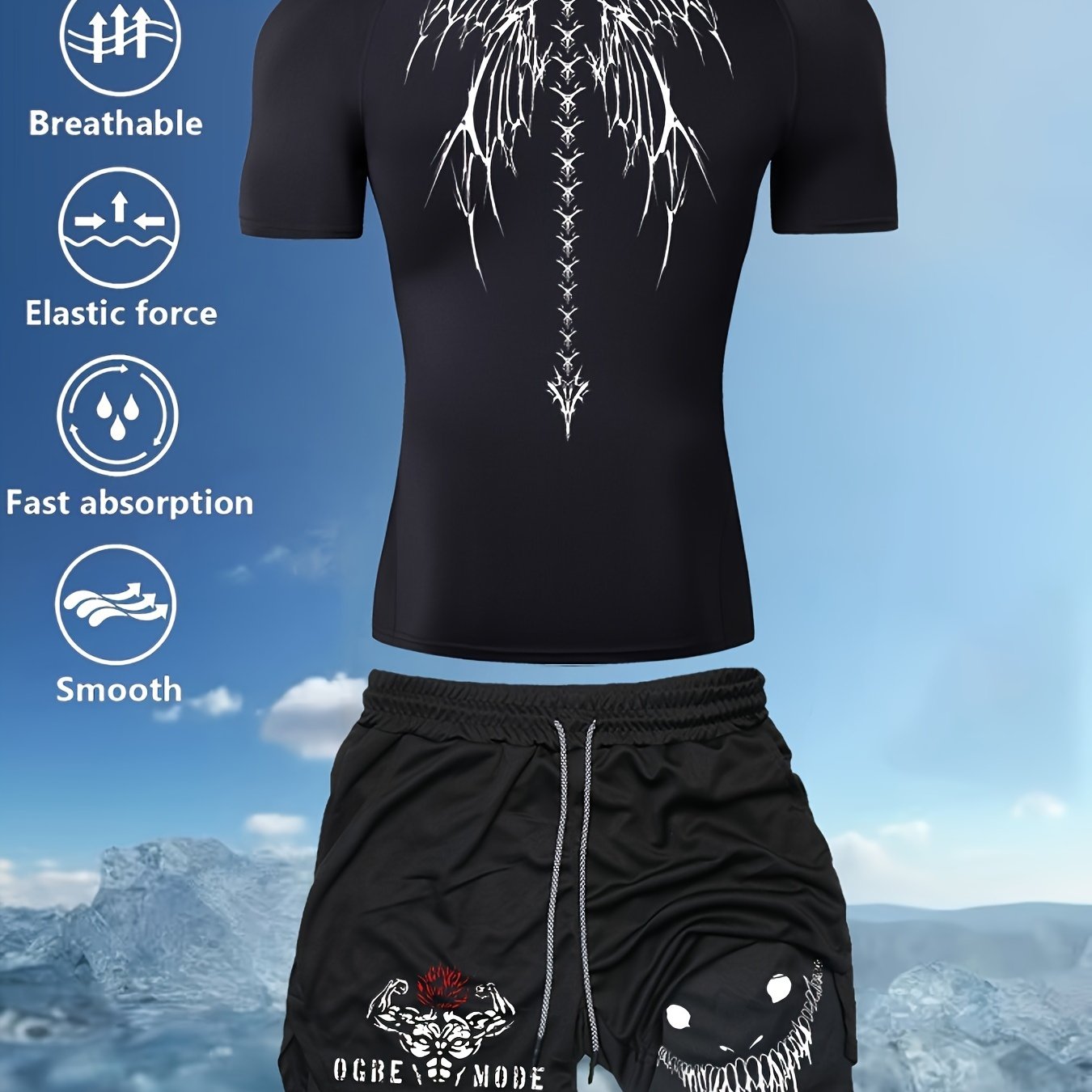 Men's Quick-Drying Printed Sports Suit with Compression T-Shirt and Multi-Pocket Shorts