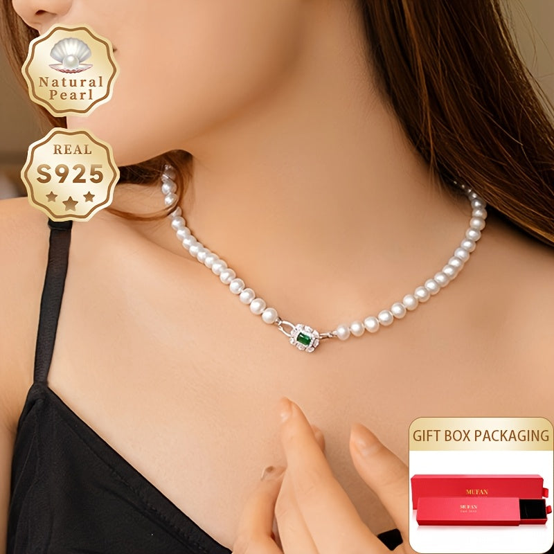 MUFAN Ayollar uchun Elegant Luxury Pearl Necklace – 6-7mm haqiqiy shirin suv marvaridlari, xavfsiz S925 sterling kumush qopqog'i, qoplamasiz – Kundalik kiyish va maxsus tadbirlar uchun ideal, Iyun tug'ilgan toshi bilan, Sovg'a qutisida keladi.