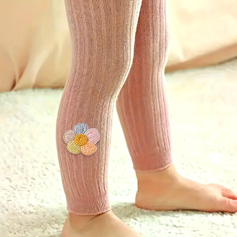 Girls Slim Leggings with Rib Knit Flower Doll Design Cotton Blend Stretch Footless Tights