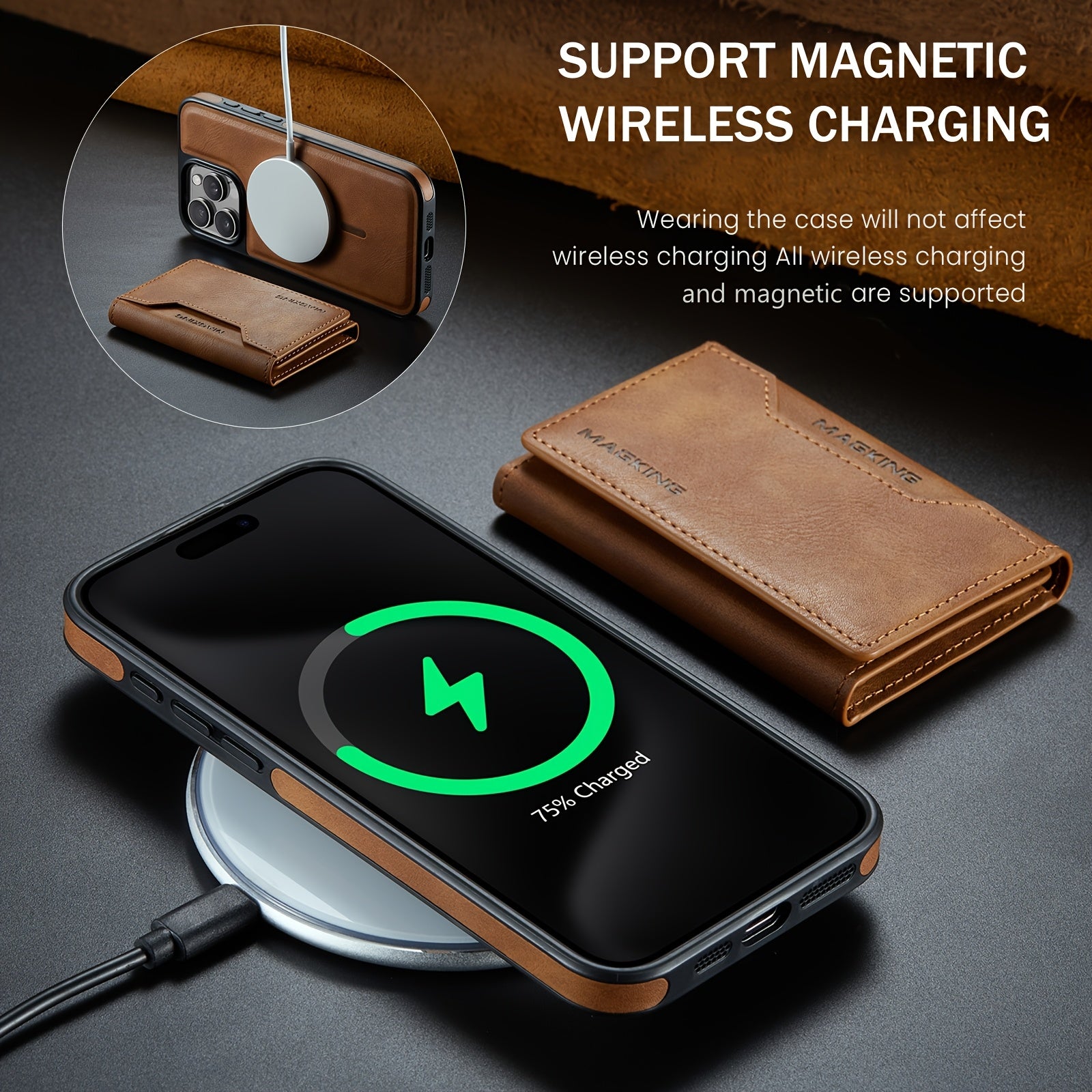 Faux Leather Magnetic Wallet Case for iPhone Pro Max with Card Holder RFID Protection Wireless Charging Stand