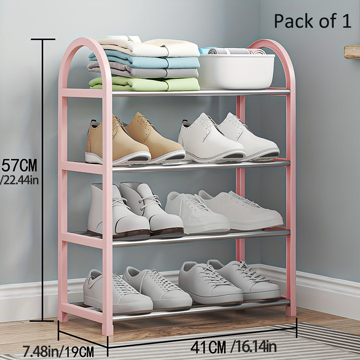 Прочная черная металлическая полка для обуви с пластиковыми вставками — отдельно стоящая многоуровневая конструкция для легкой сборки и пыленепроницаемого хранения в прихожей, общежитии или дома.