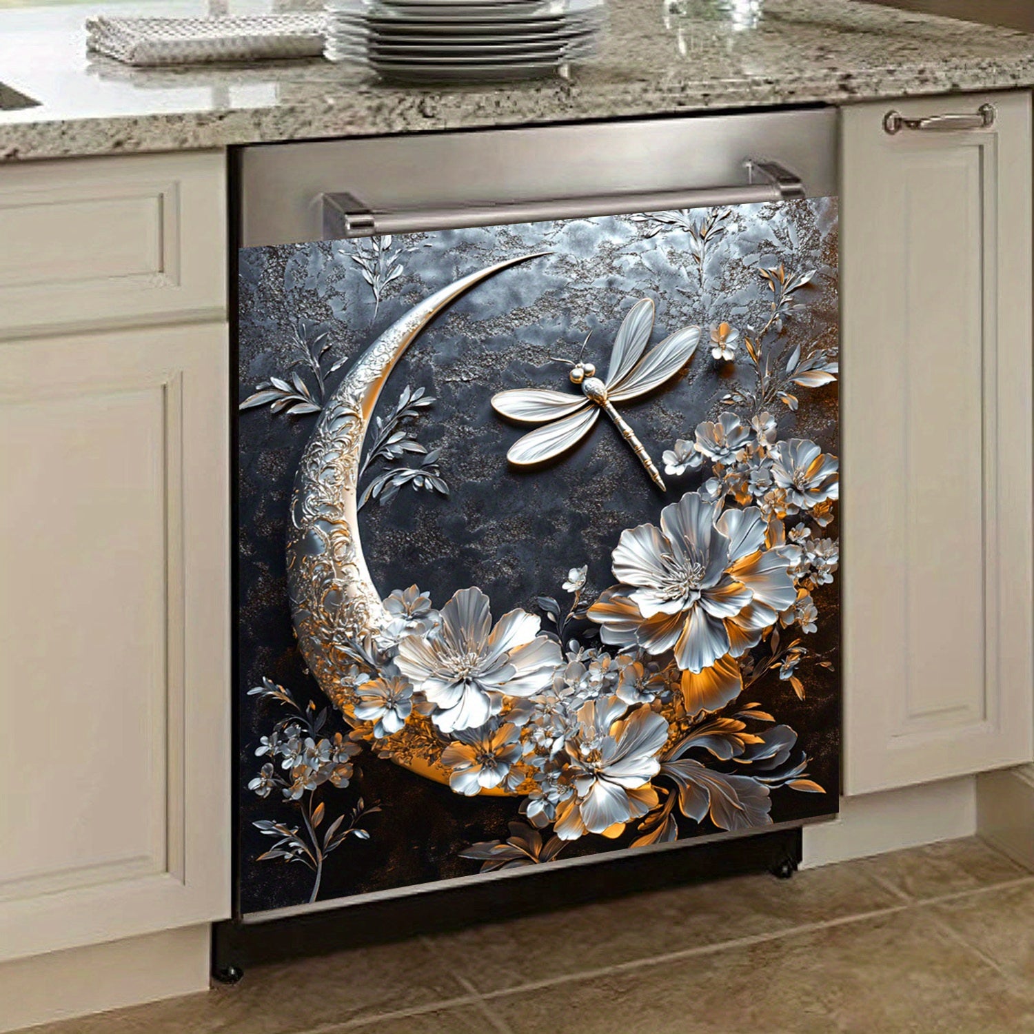 Oltin oy drujba gulchambarli idish yuvish mashinasi magnit qopqog'i suv o'tkazmaydigan issiqqa chidamli PVC stiker 58.5x65 sm oshxona dekoratsiyasi