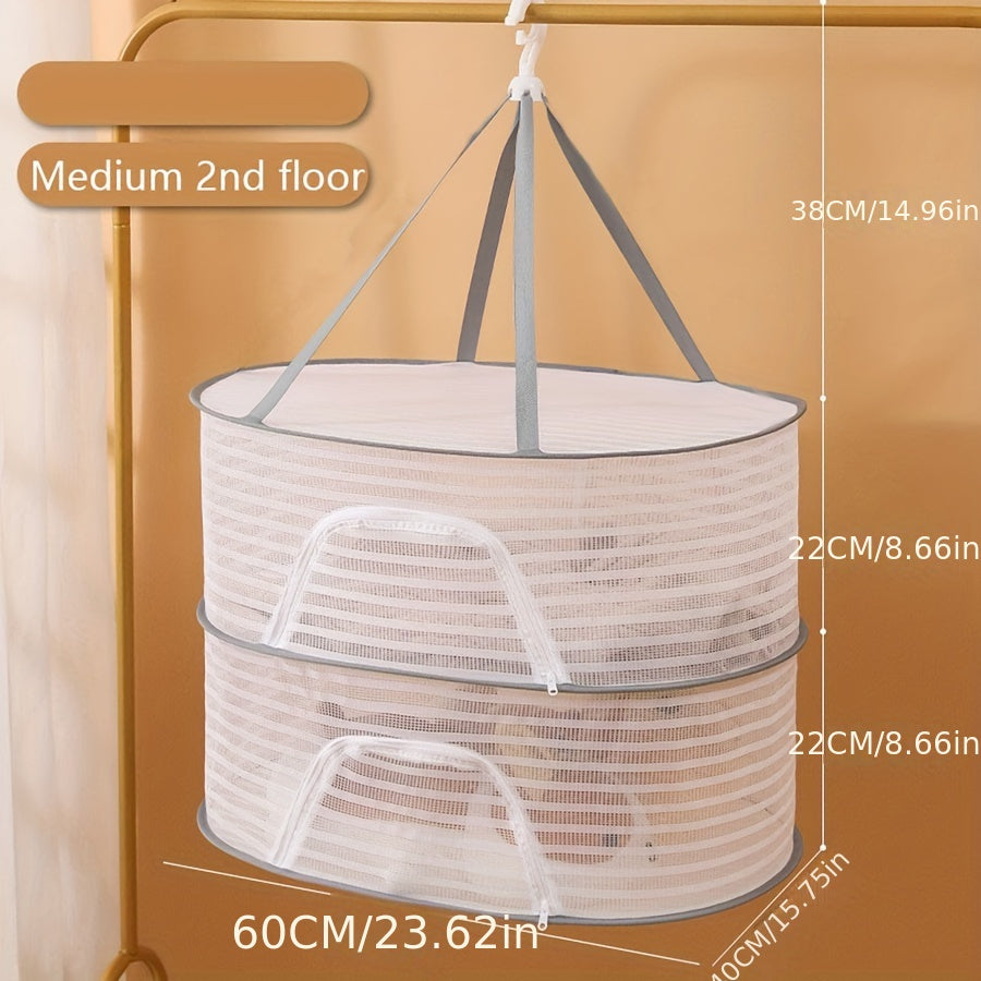 Foldable Mesh Drying Rack with Zipper 3-Tier Multi-Functional Hanging Laundry Organizer