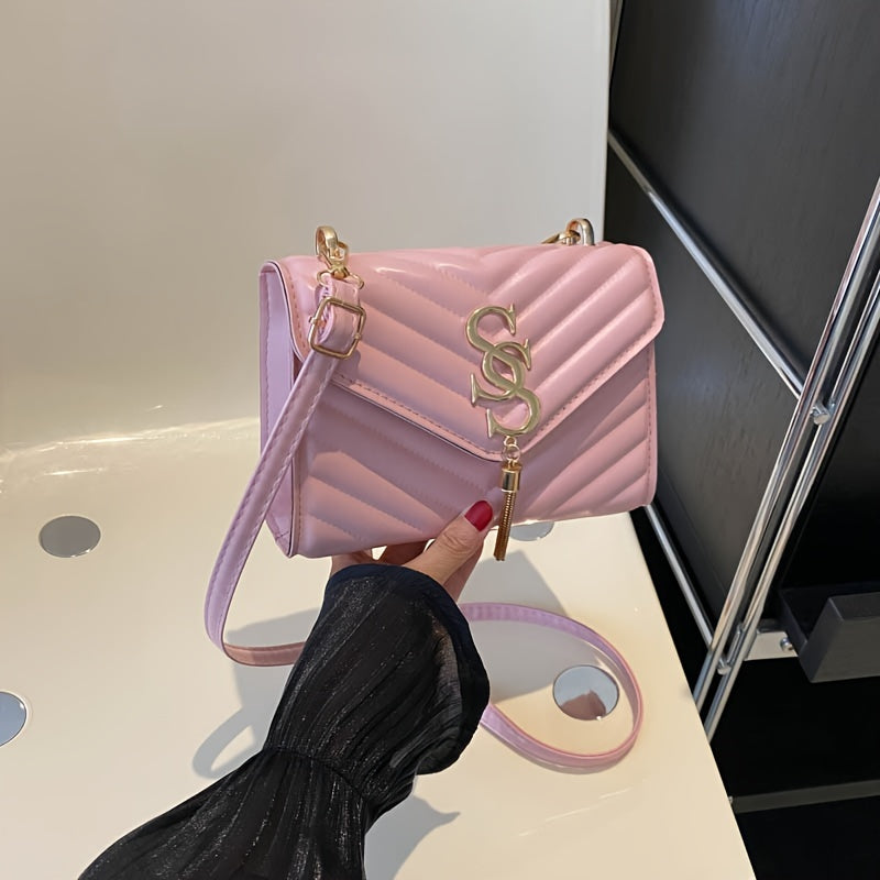 PU Chain Decorated V-Shaped Tassel Square Shoulder Bag