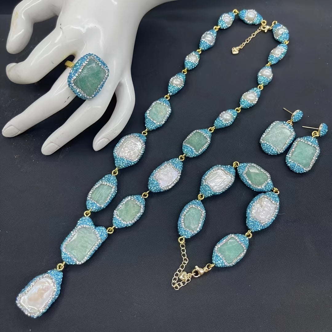 Conjunto de joyería bohemia con piedra natural y perla barroca en cobre chapado en oro de 14 quilates