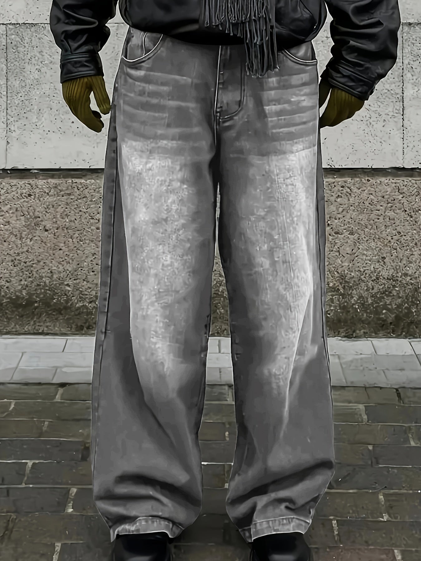 Erkaklar uchun qo'shimcha uzun, keng kesimli denim jinsi shimlar, geometrik naqshli paxta aralashmasidan tayyorlangan, cho'zilmaydigan mato, zipperli yopish va tozalangan tugatish bilan, har qanday mavsumda mos keladigan ko'cha uslubi uchun.