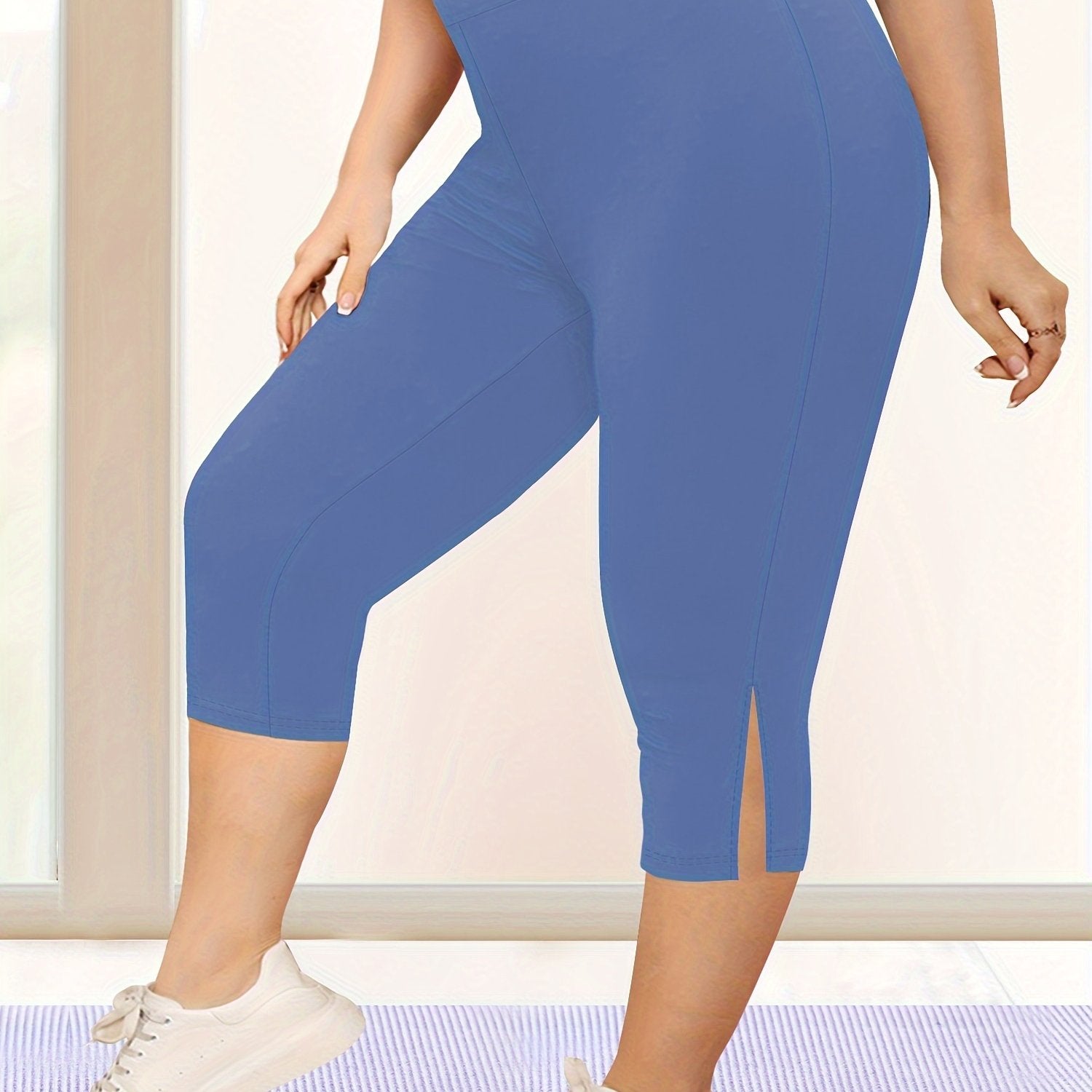 Plus Size High-Waist Knee Leggings with Side Slit Stretchy Polyester Blend