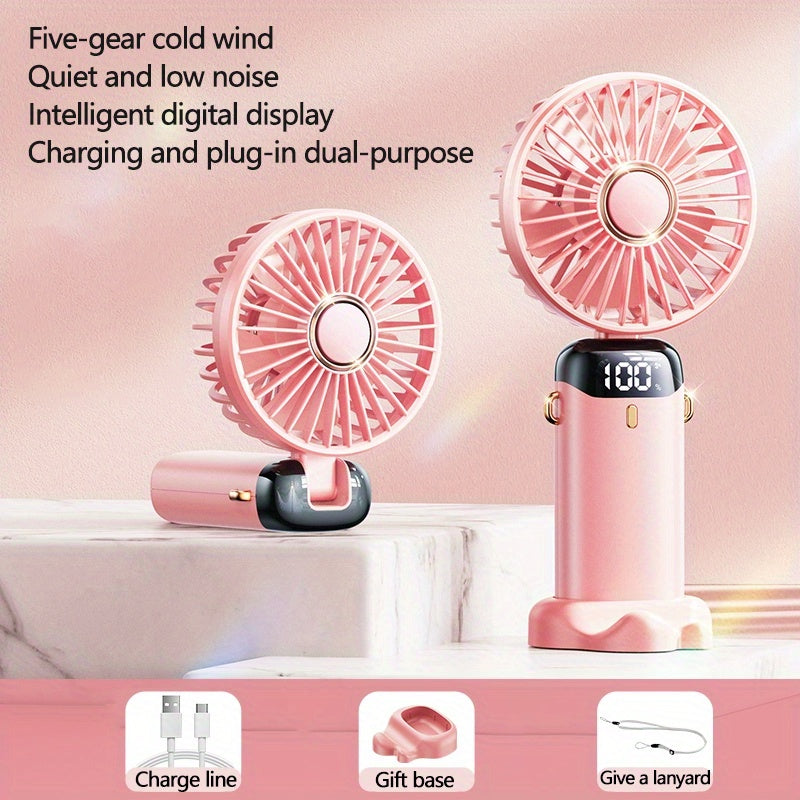 Rechargeable Pink Handheld Fan with 5-Speed LED Display, Portable and Foldable