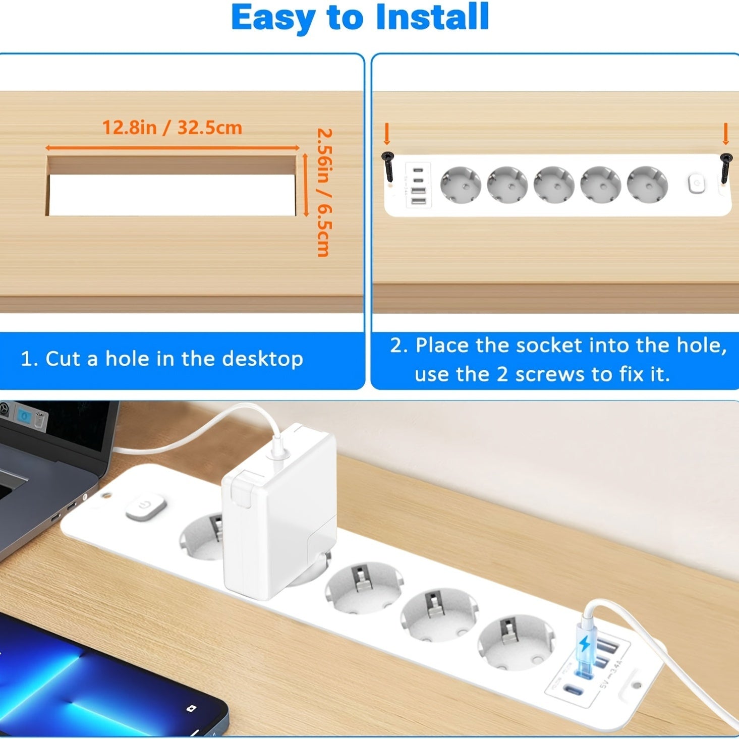 Home Power Strip with 4 USB Ports, 5 DC Sockets, High Power Socket and 6.56 ft Extension Cord