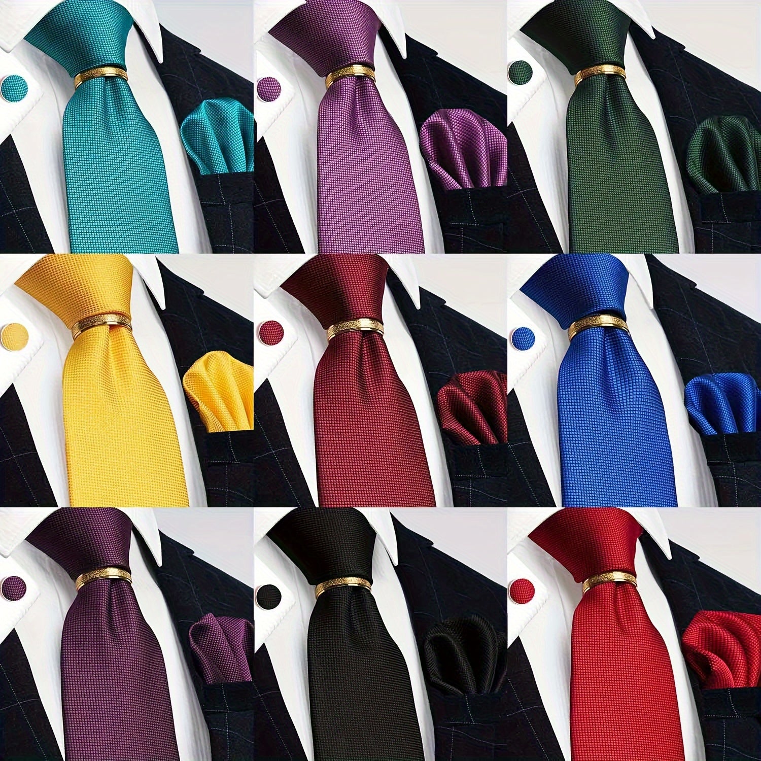 Men's 4-Piece Tie Set Necktie Pocket Square Cufflinks Gold Tie Clip for Weddings Groomsmen Business