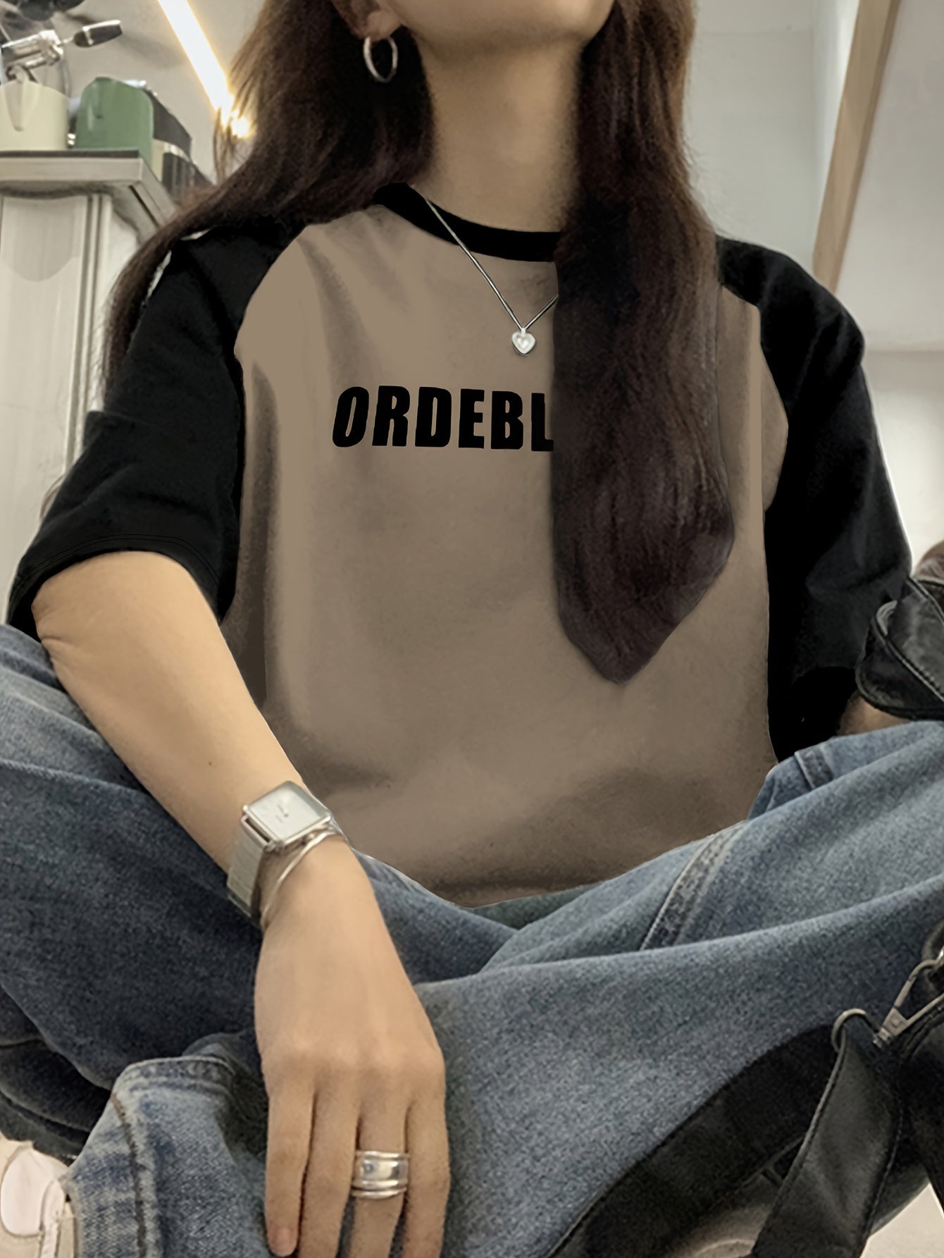 Women's Casual Raglan Sleeve Color Block T-Shirt with Letter Print for Spring Summer