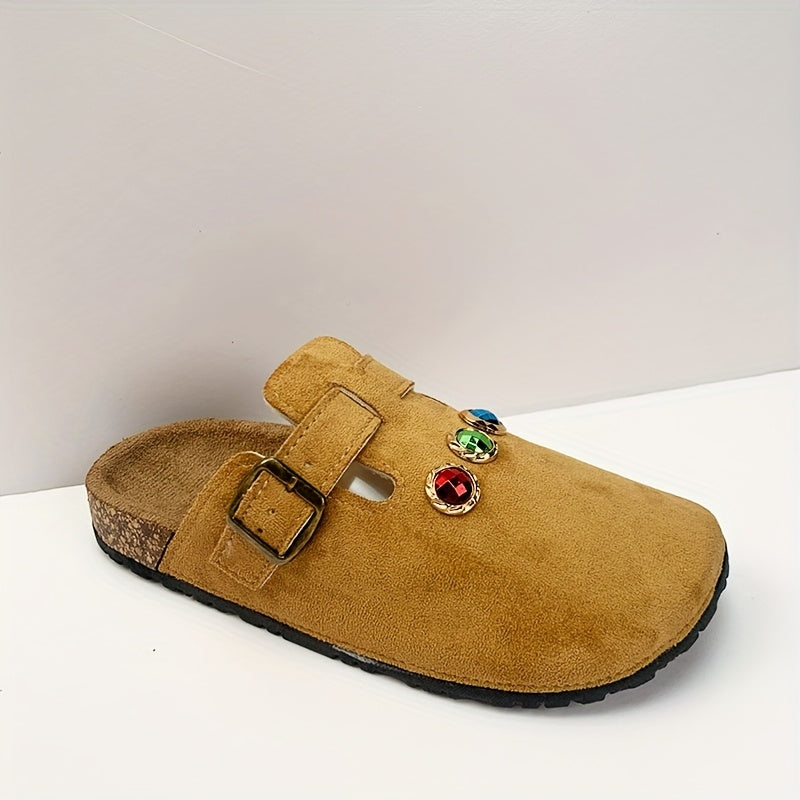 Women's Slip-On Mules Fabric Casual Loafers with Adjustable Straps and Gemstone Accents