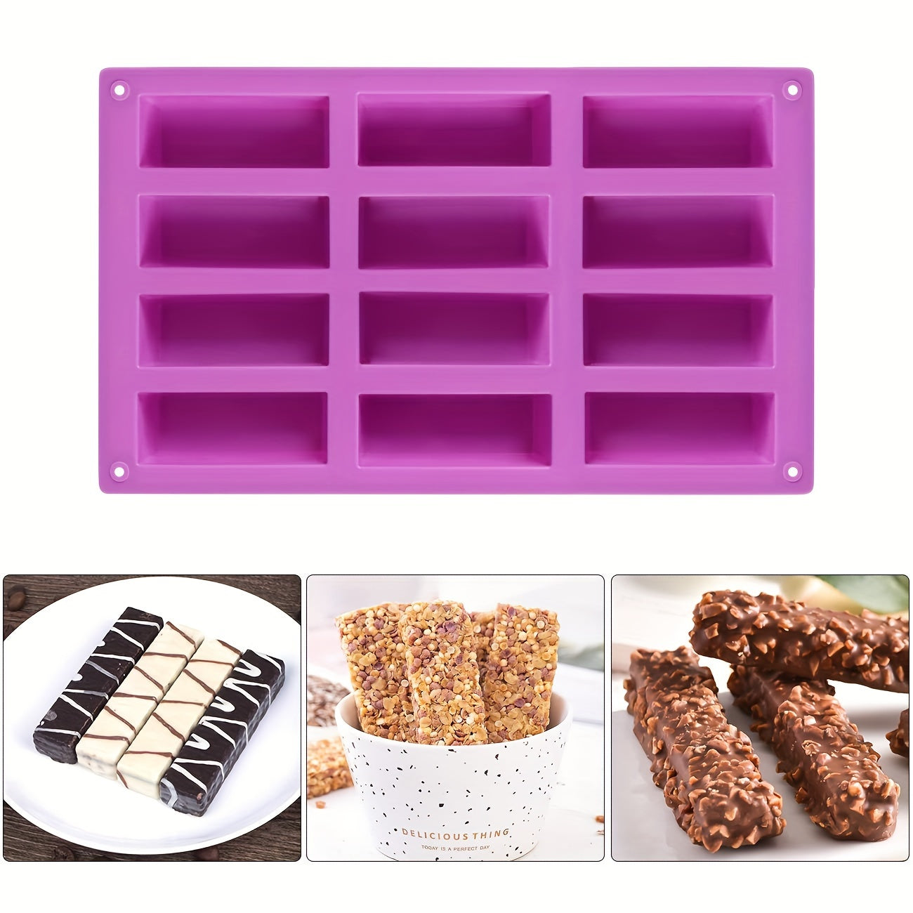 Silicone Mold 12-Cavity Large Rectangles for Energy Bars, Chocolate, Bread