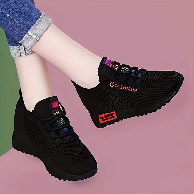 Women's Breathable Knit Wedge Sneakers Fabric Canvas All-Season Casual Black with Colorful Accents