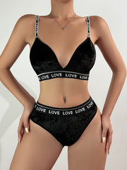 Women's Lingerie Set with Letter Strap Detail Polyester Blend Solid Color No Padding Bra Mid-Rise Briefs Comfortable Knit Fabric