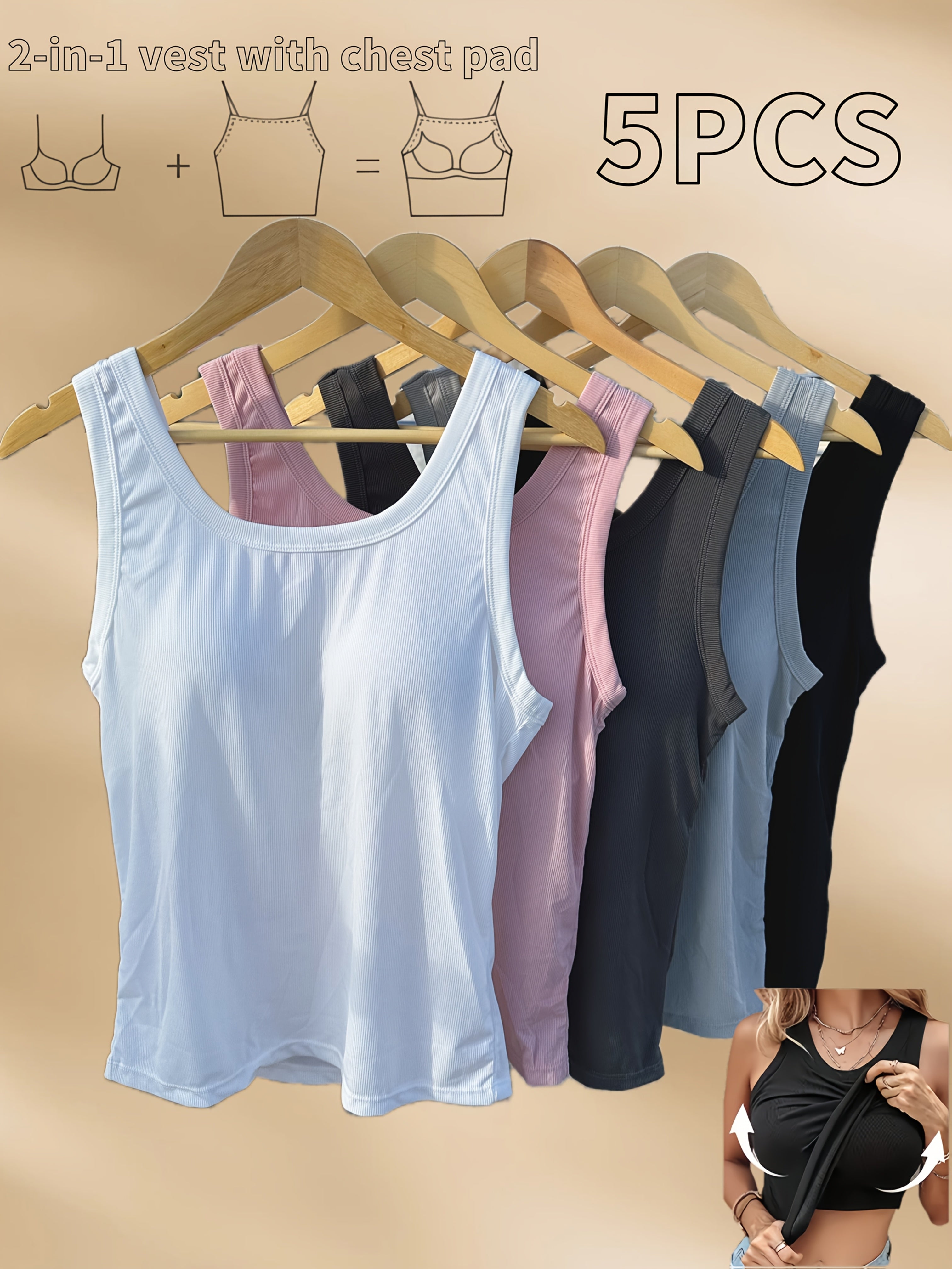 Ayollar uchun kattaroq o'lchamdagi ribbed tank toplar, ichki bra padlari bilan, 5 ta paket