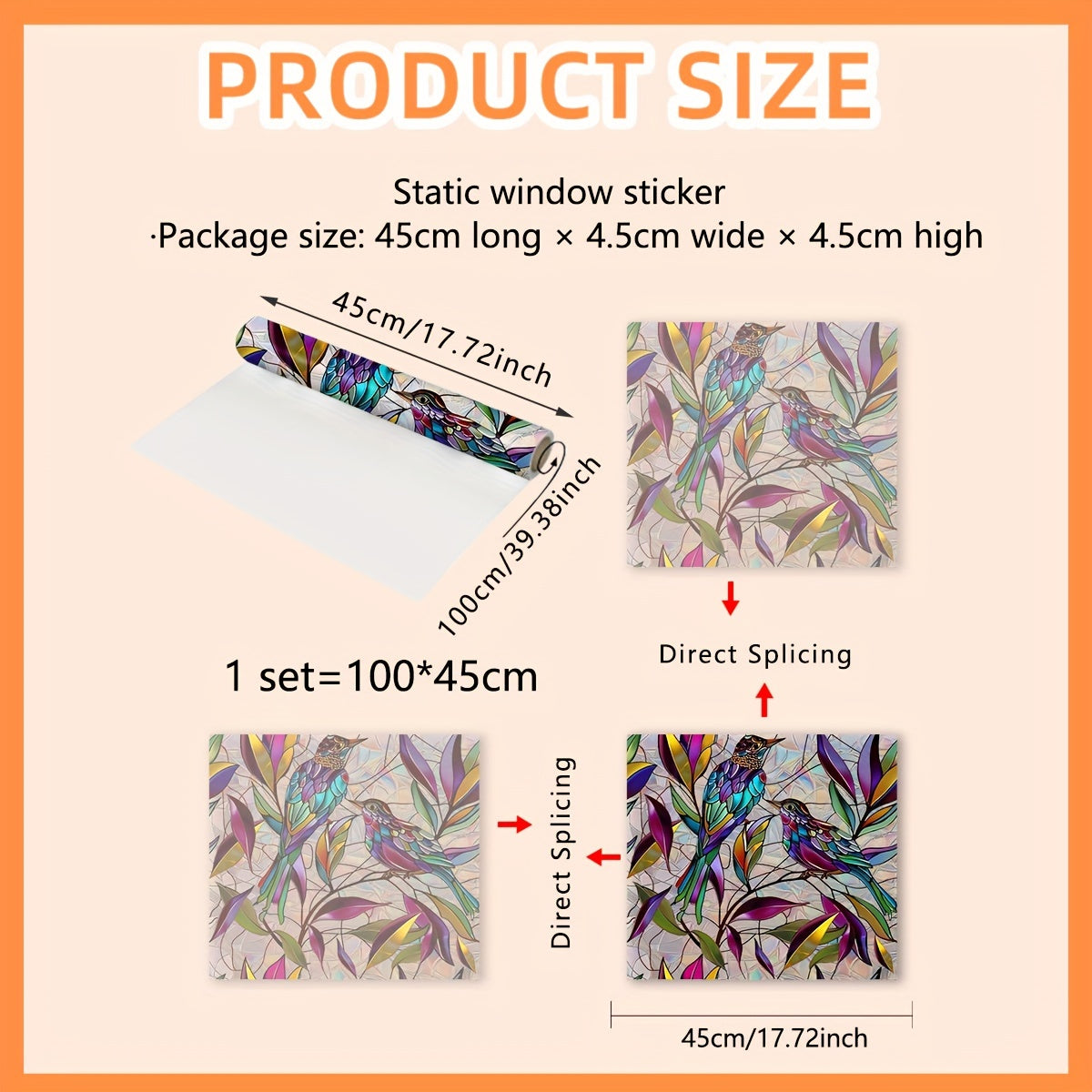 Rang-barang qush va o'simliklar quyosh nuri deraza dekali 45.72cm x 99.06cm qayta ishlatiladigan PVC