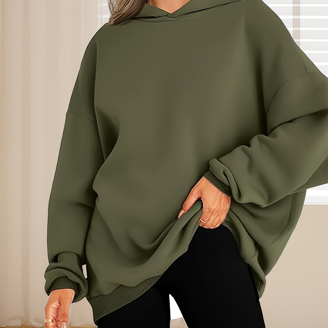 Plus Size Women Hoodie Solid Color Long Sleeve Casual Sweatshirt