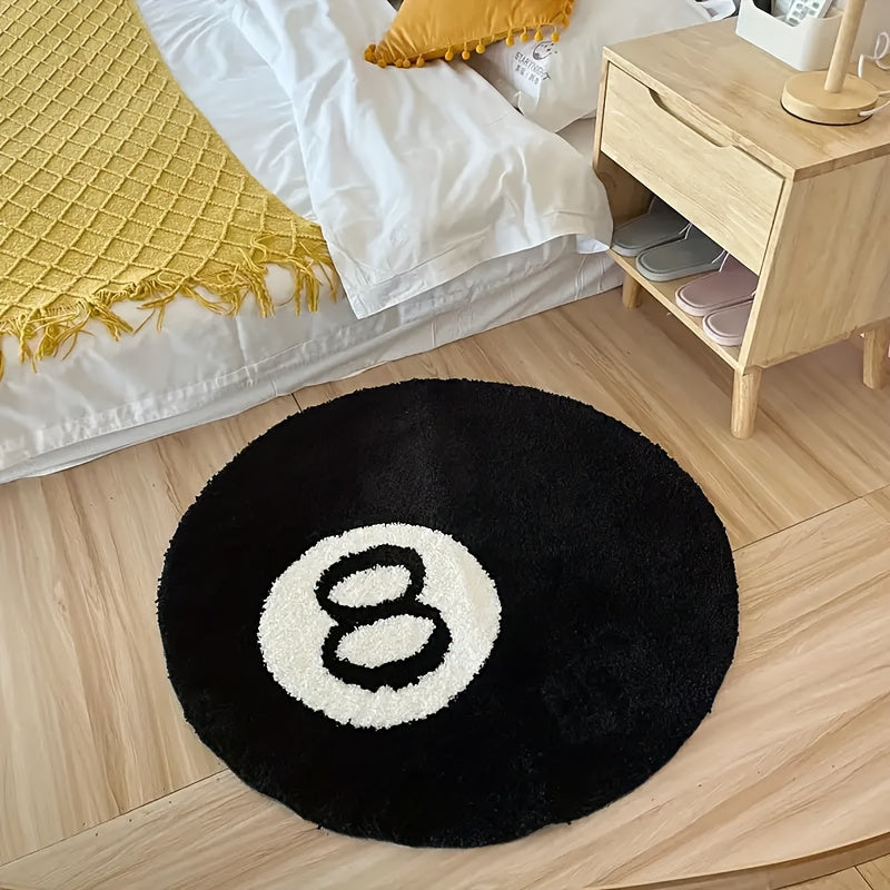 Black Round Rug Plush Bathroom Mat 8-Ball Pattern Non-Slip Floor Decor