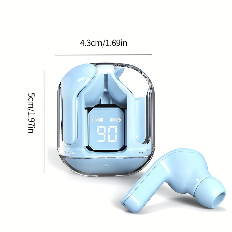Transparent TWS Wireless Earbuds with LED Power Display, Volume Control, Condenser Mic, Type-C Rechargeable Battery