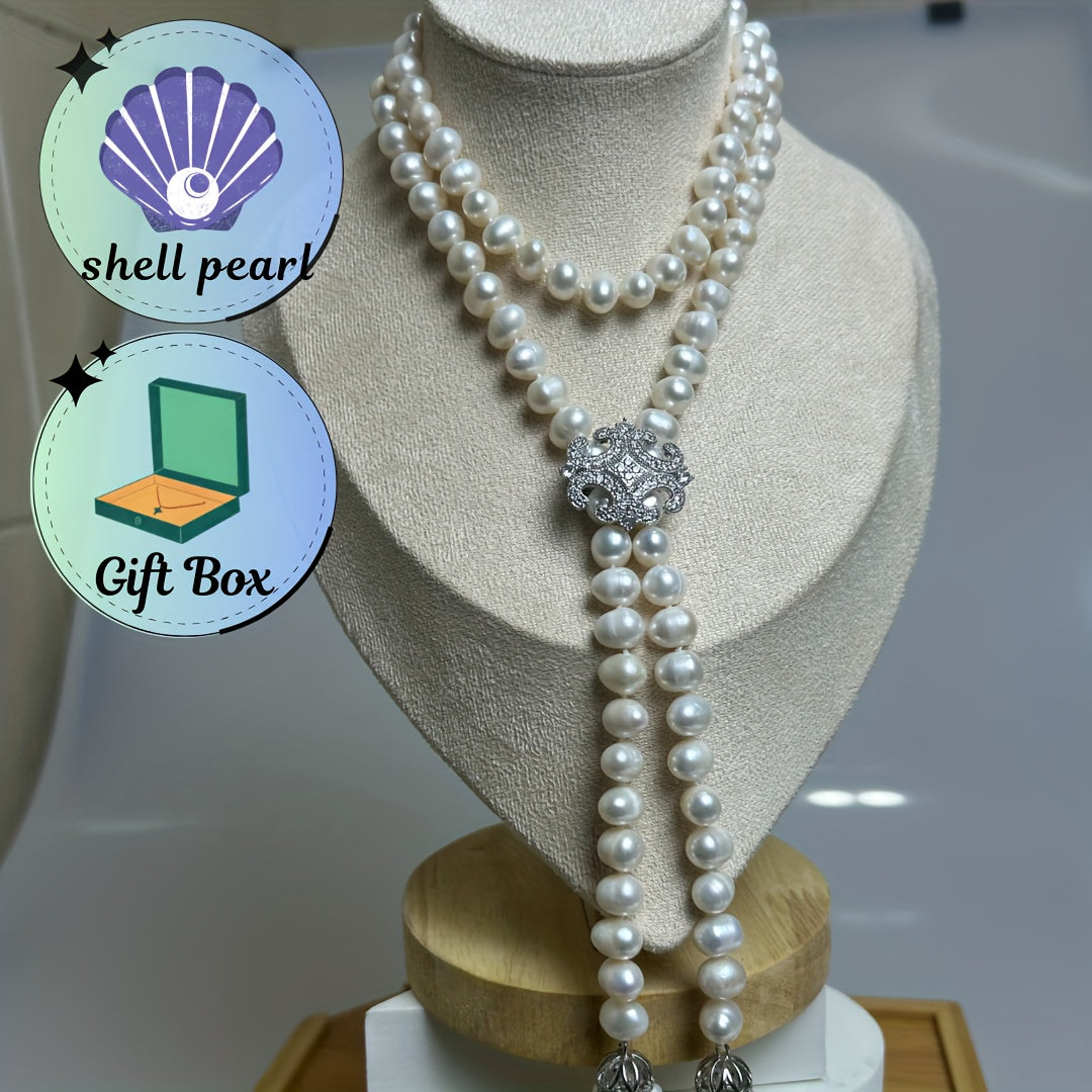 Women's Pearl Y-Necklace Long Chain with Tassel for Autumn Fashion