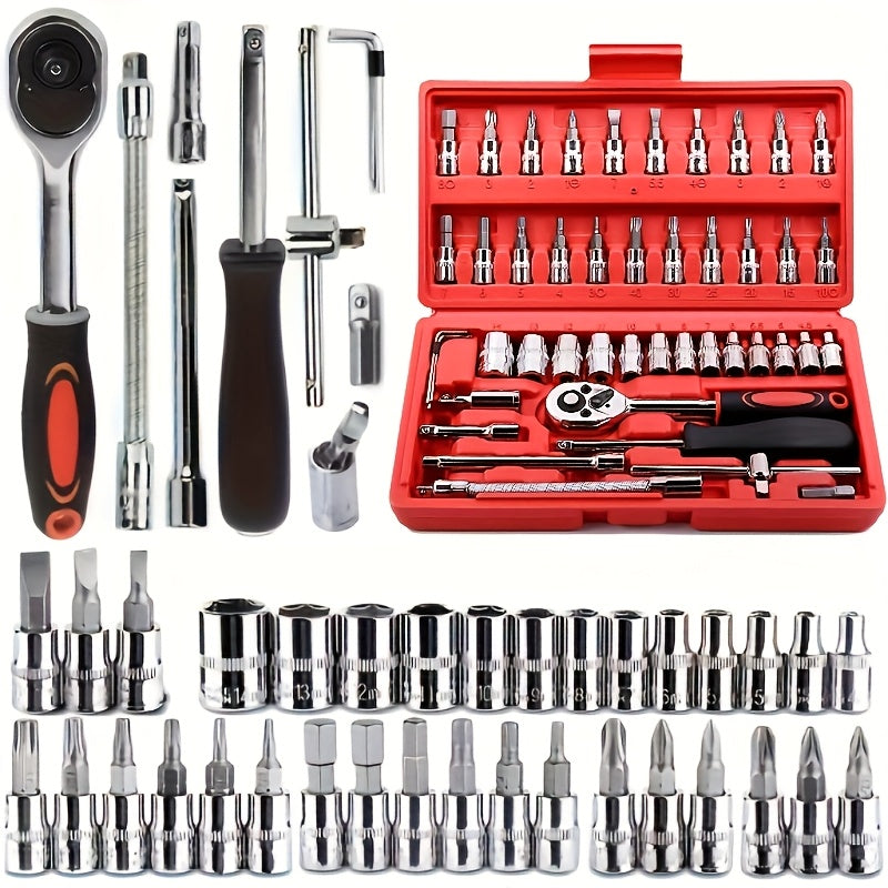 46-Piece Tool Kit 1/4 Inch Drive Ratchet Wrench Socket Set Car Repair