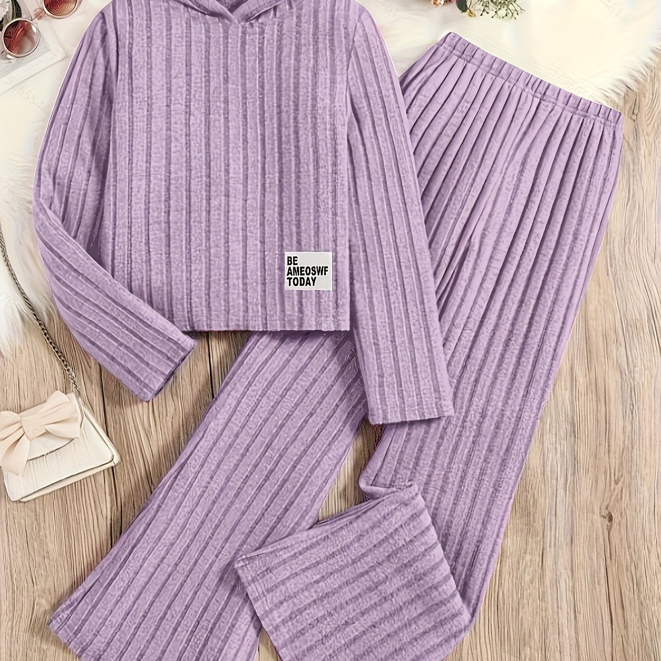 Conjunto de sudadera y pantalones de punto para niñas, de manga larga, de color sólido, poliéster, casual, para mayores de 3 años