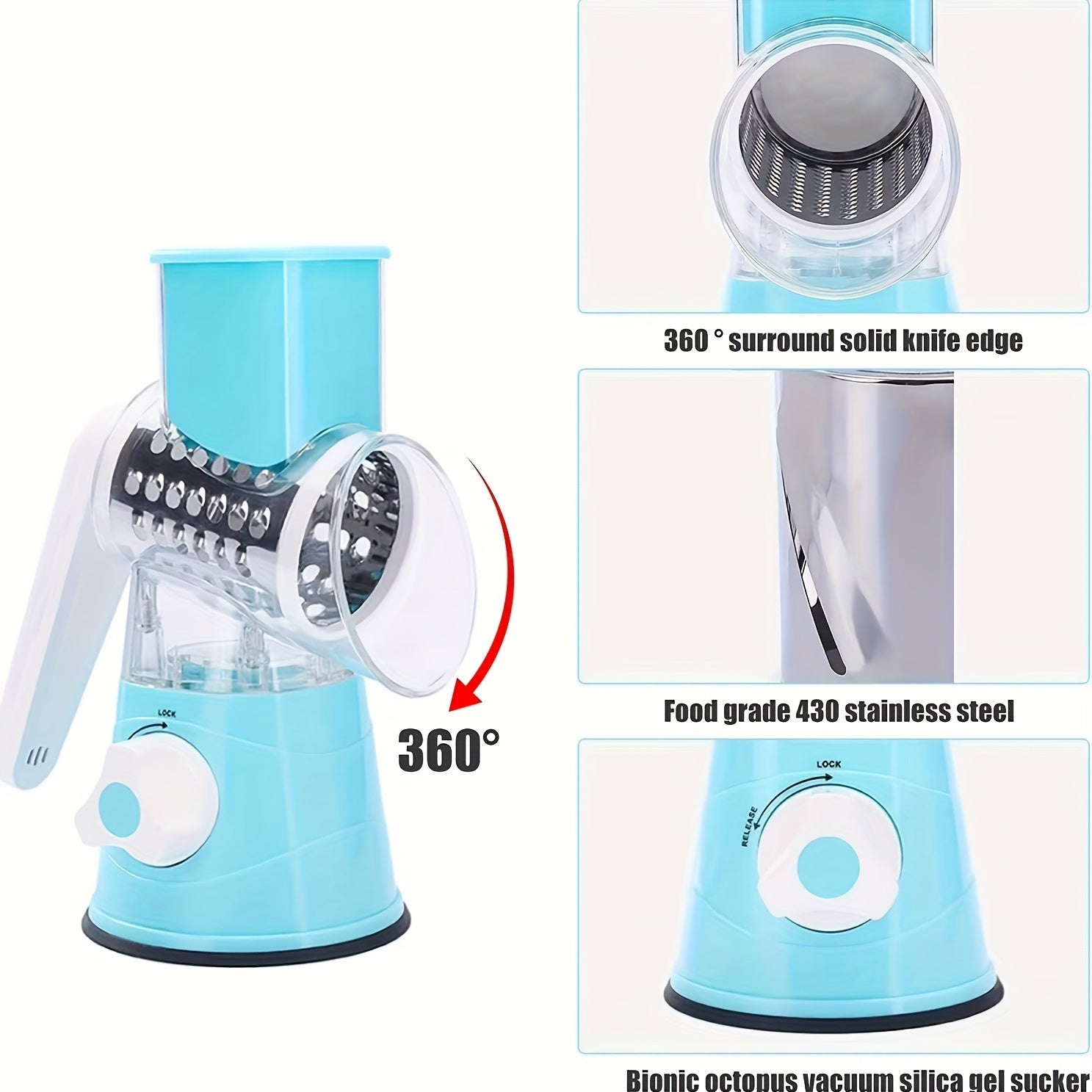 Rotary Drum Vegetable Cutter with Multiple Blades for Slicing, Dicing, Grating