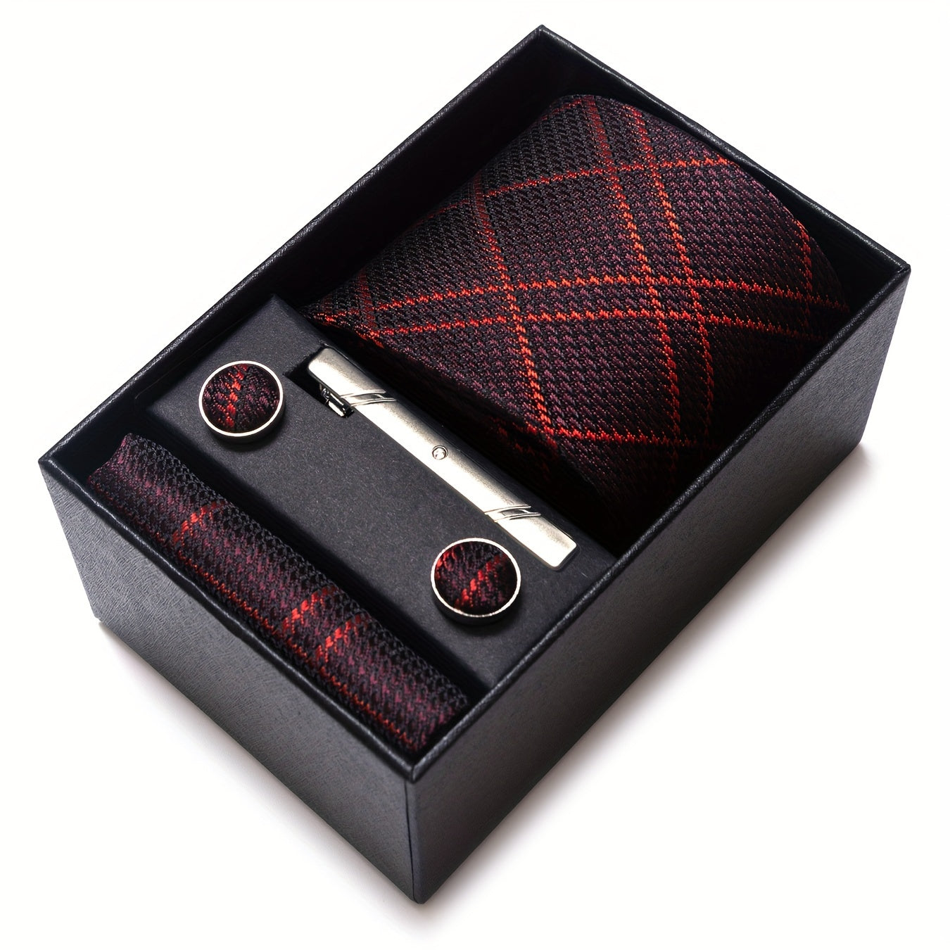Men's Plaid Tie Set with Pocket Square Cufflinks and Tie Clip in Gift Box