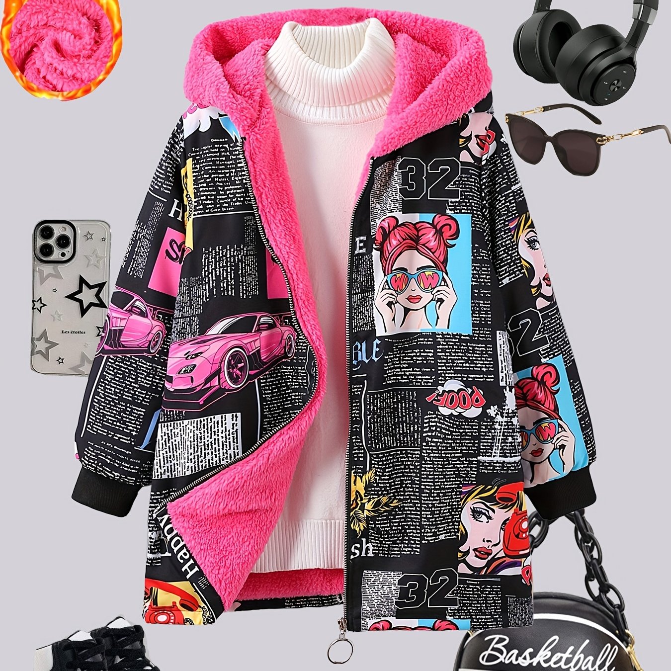 Детская девочка с капюшоном куртка из полиэстера с граффити-принтом для осени и зимы 118-155 см