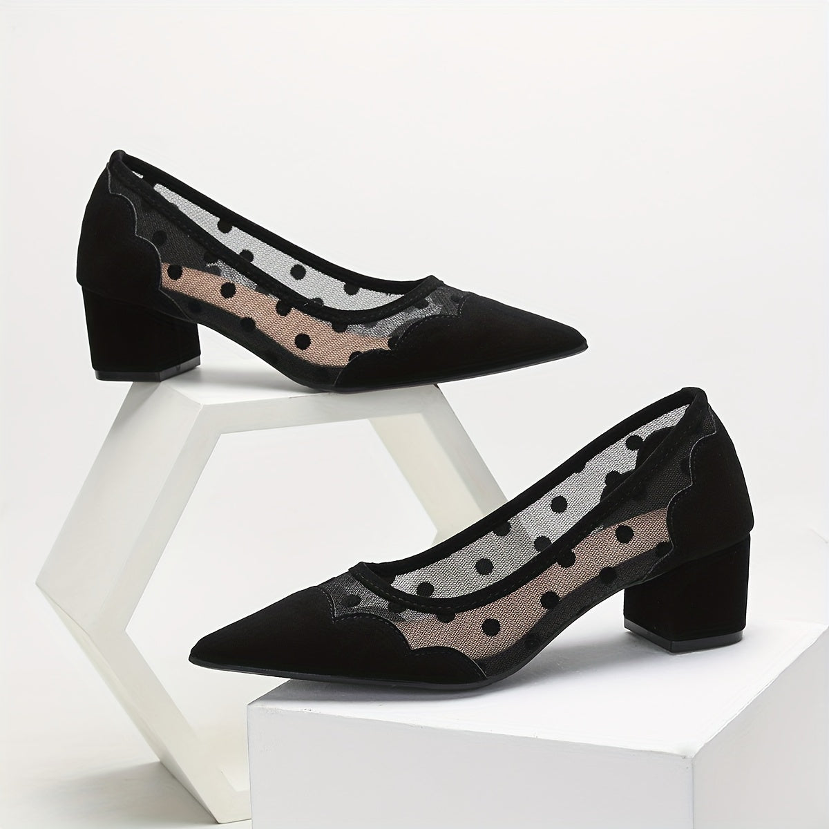 Women's Mesh Polka Dot Pointed Toe Pumps with Low Chunky Heel