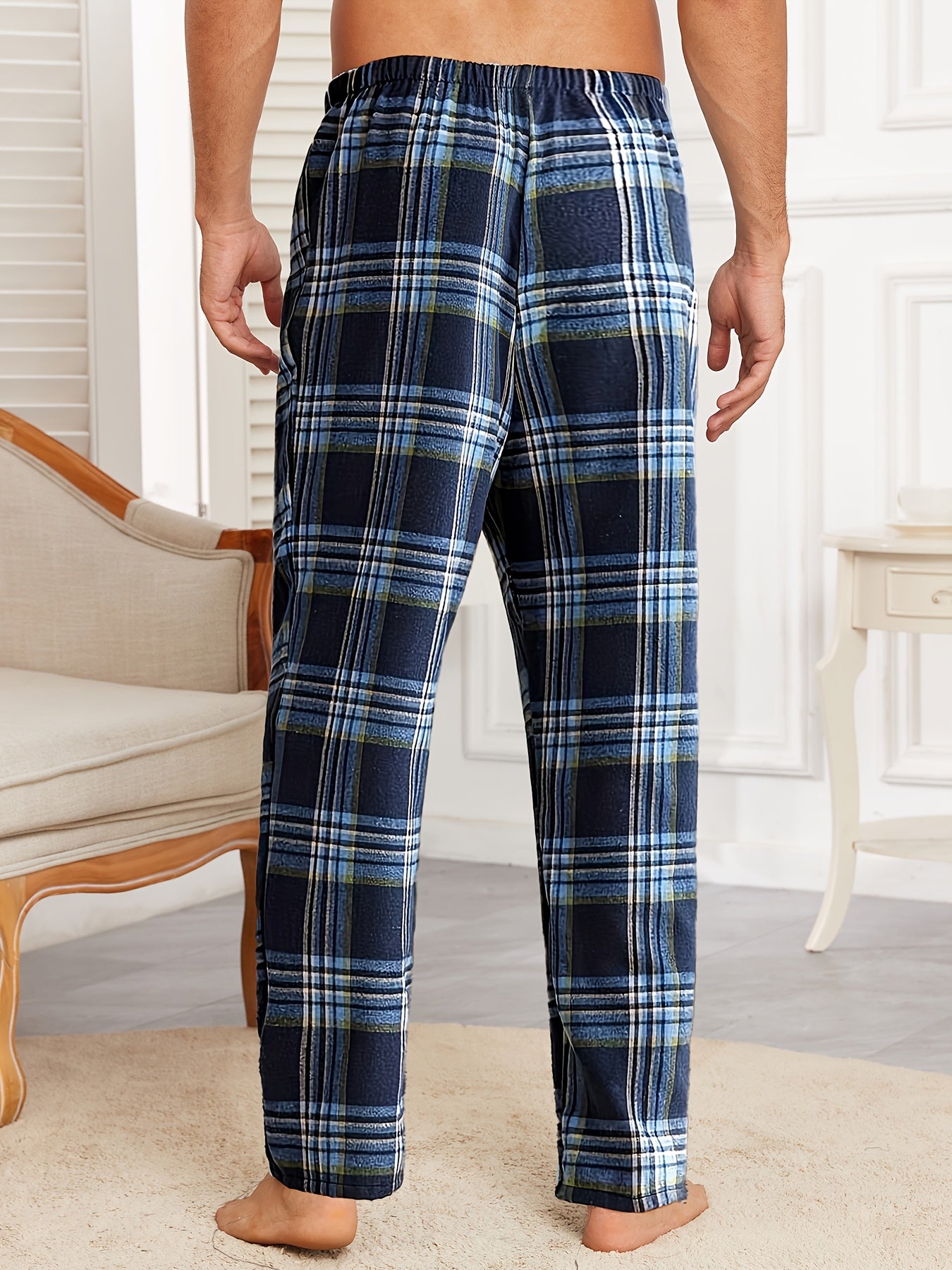 Men's Plaid Lounge Pants Fall Winter Polyester Blend Elastic Waist Casual Sleepwear Blue and White