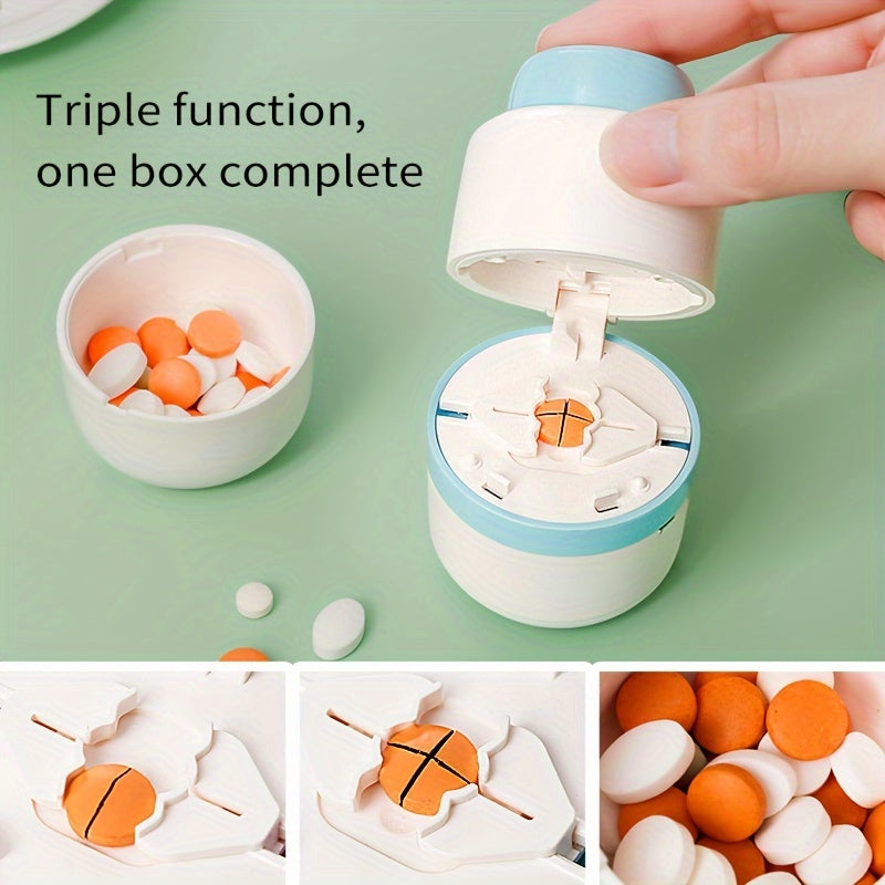 Oson dozajni boshqarish uchun ichki pichoq bilan jihozlangan portativ tabletkalarni kesish va bo‘lish uchun mo‘ljallangan ixcham dori qutisi.