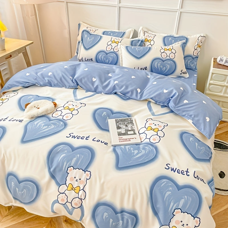 4PCS Cartoon Heart Bear Bedding Set Polyester Animal Theme All-Season Bed Linen