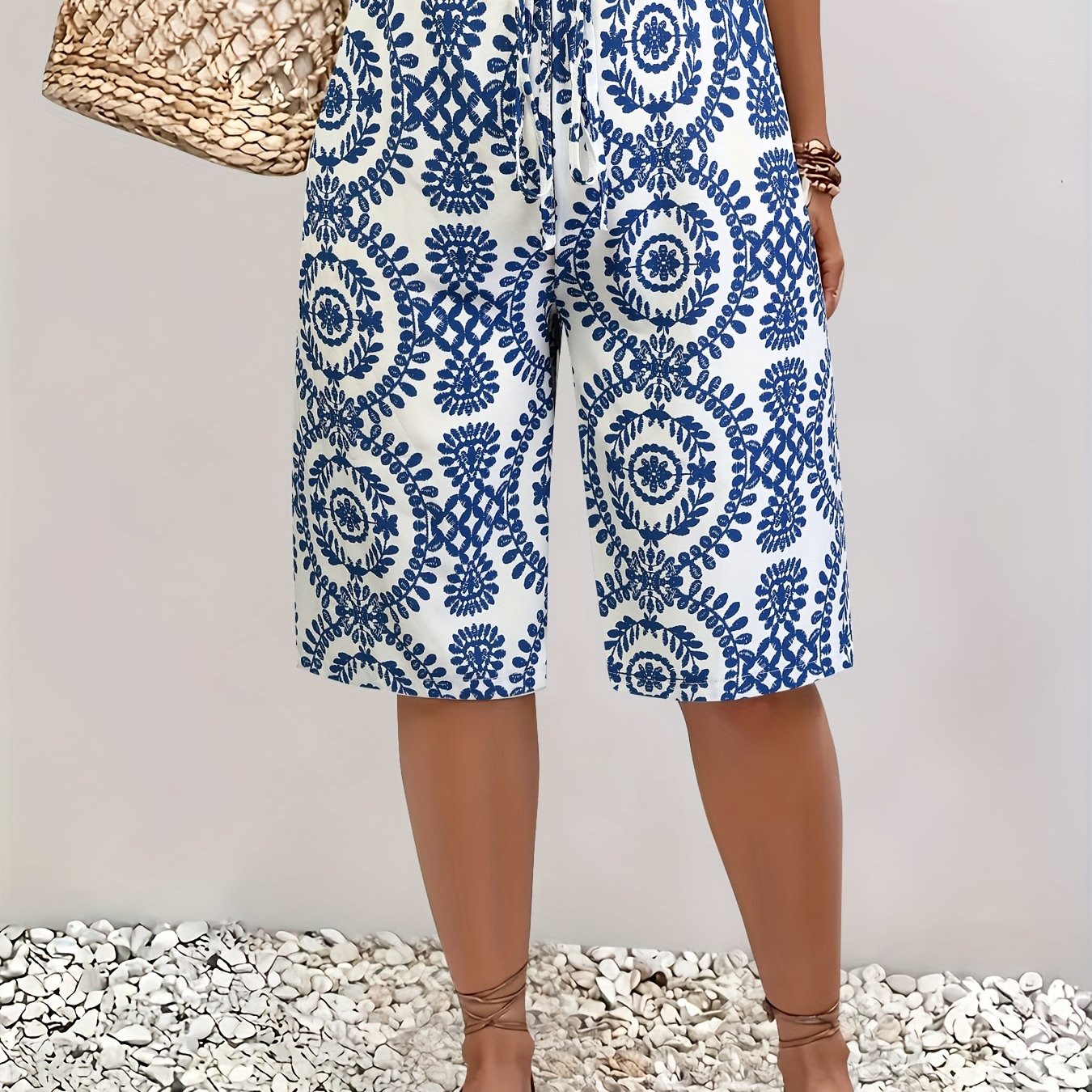 Women's Plus Size Blue White Mandala Print Bermuda Shorts Lightweight Polyester Casual Beachwear