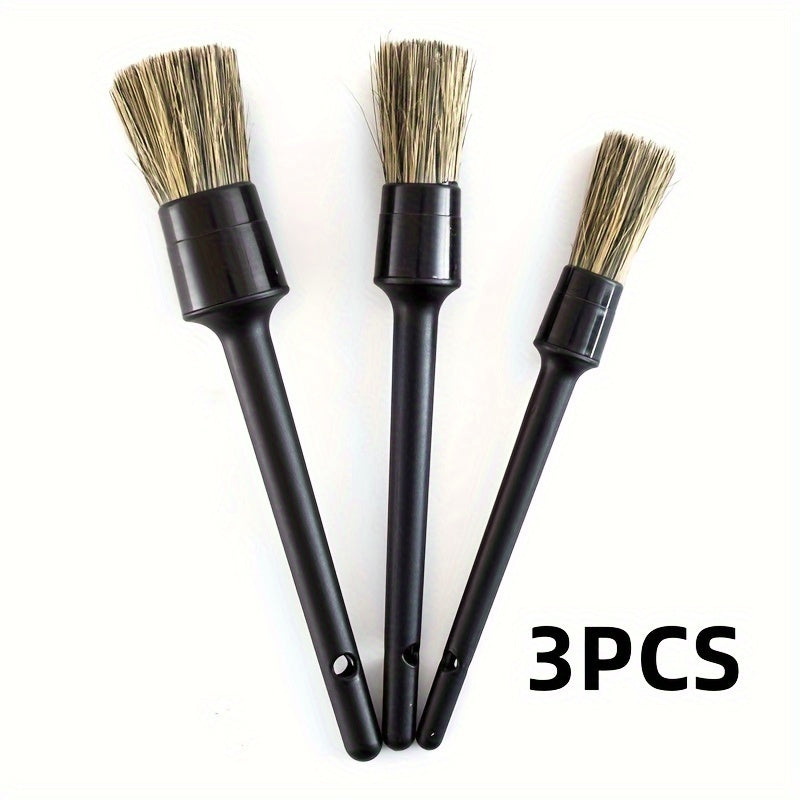 Set de 3 cepillos de cerdas suaves para detalles de coche de pelo de cerdo natural, limpieza exterior de neumáticos