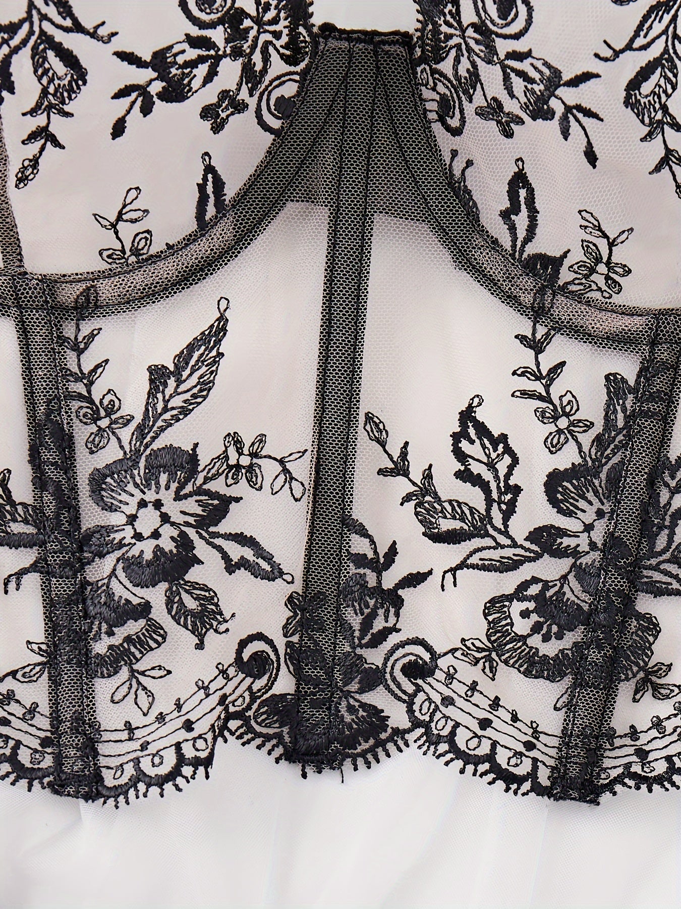 Women's Floral Embroidered Lingerie Set with Semi-Sheer Bustier and Thong