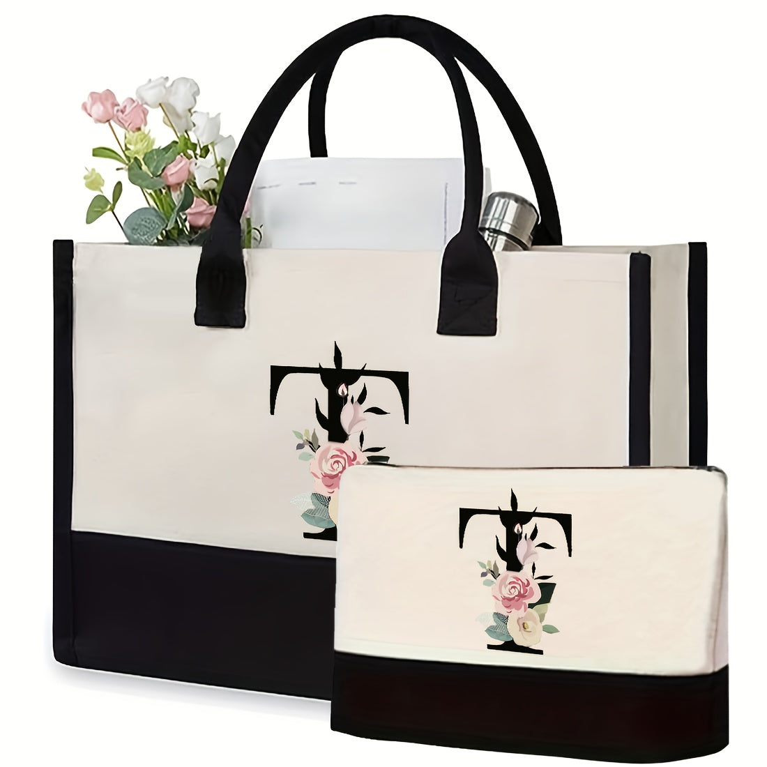 Kanvas kosmetika sumkasi, qattiq kamarlar va tasodifiy chop etish bilan, aralash ranglarda