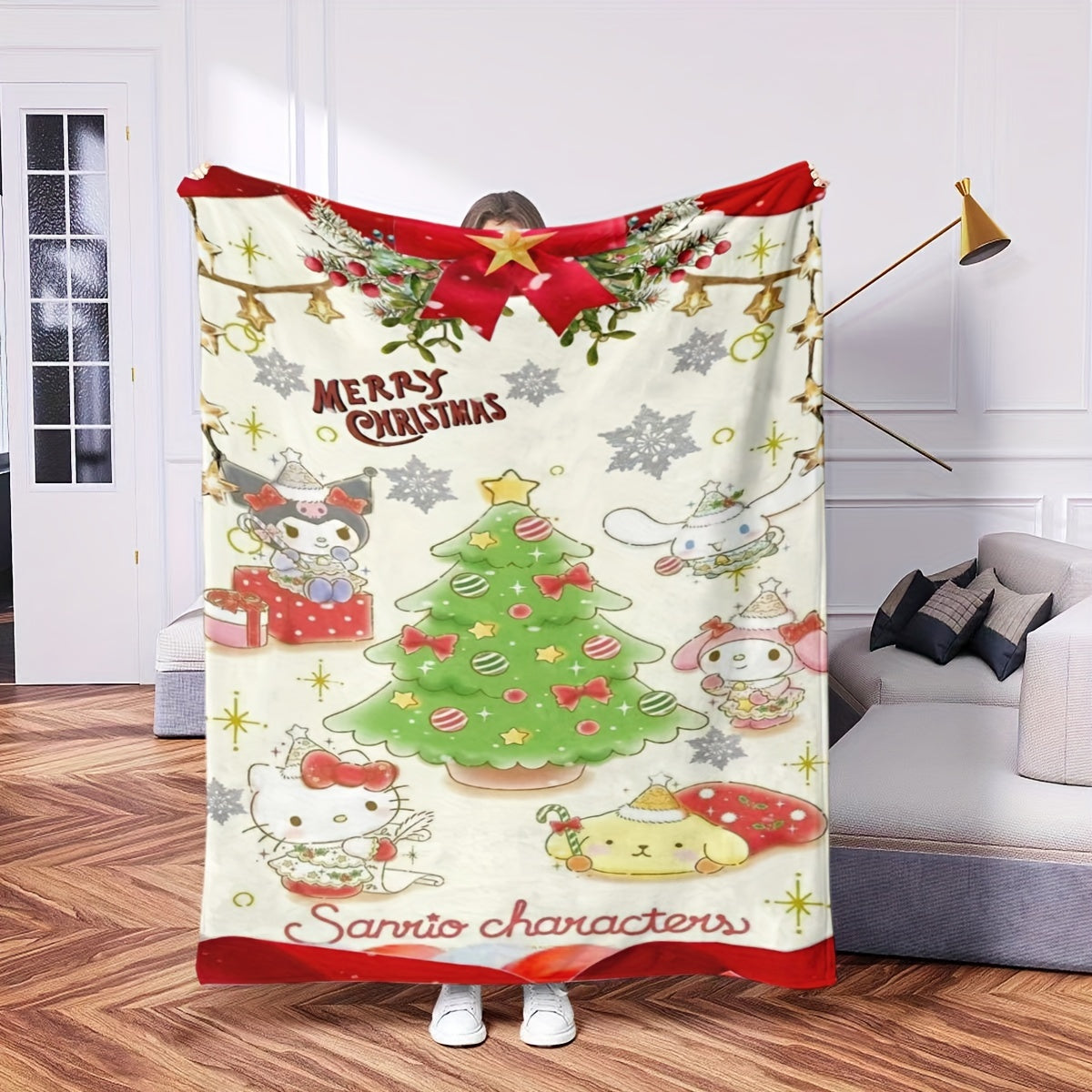 Personalized Christmas Hello Kitty Blanket Soft Fleece Gift for Bed Sofa Car Home