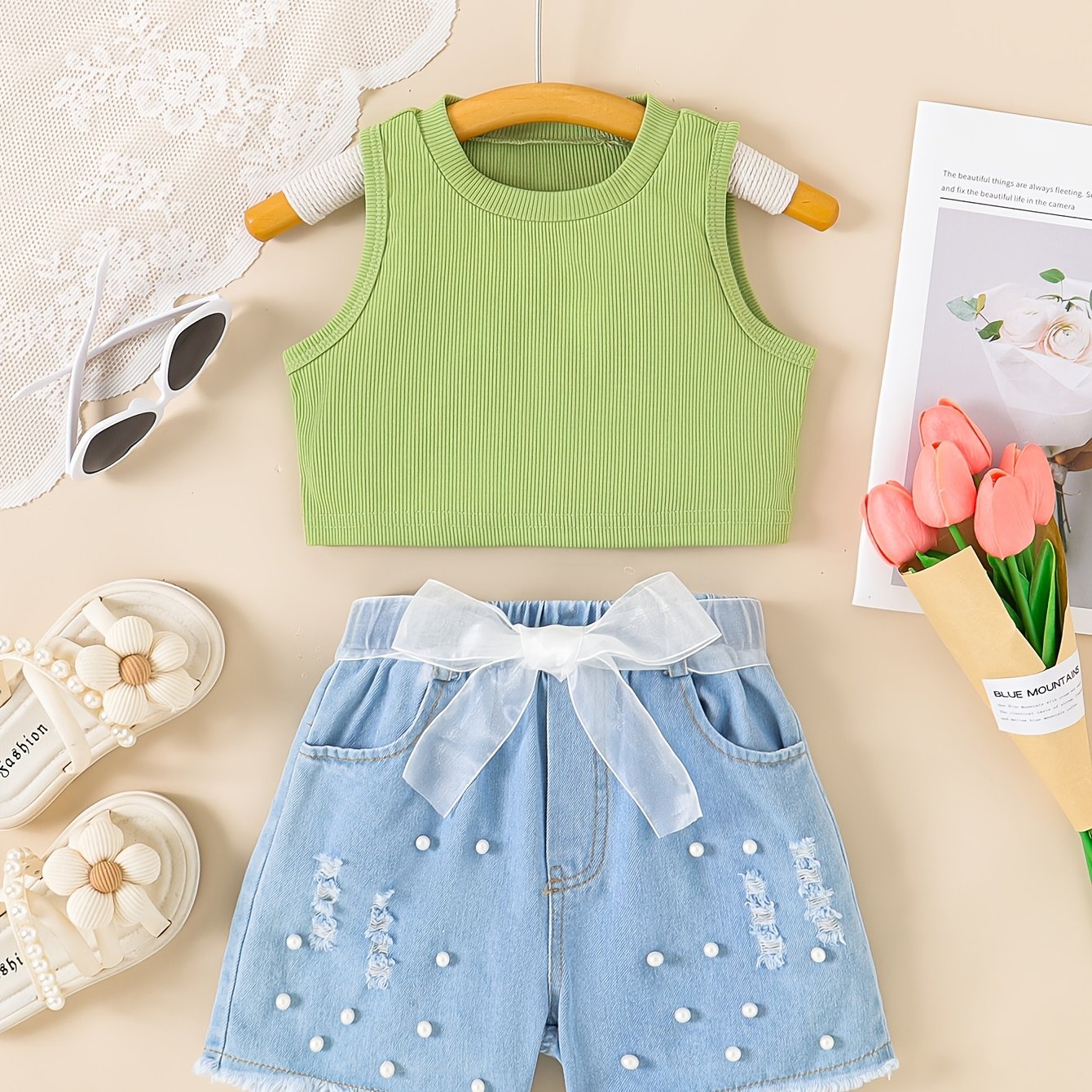 Qizlar uchun tank top va marvarid dizaynli shortlar to'plami, yozgi har kuni kiyish uchun mukammal. Qizlar uchun ajoyib sovg'a g'oyasi.