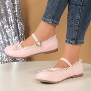 Women's Mary Jane Flats with Bow Detail Breathable Rubber Sole Pink White