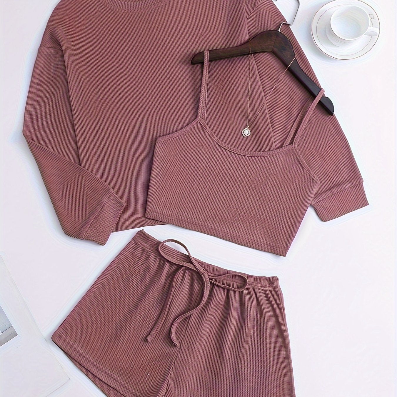 Women's Waffle Texture Loungewear Set with Long Sleeve Top Crop Cami and Elastic Shorts