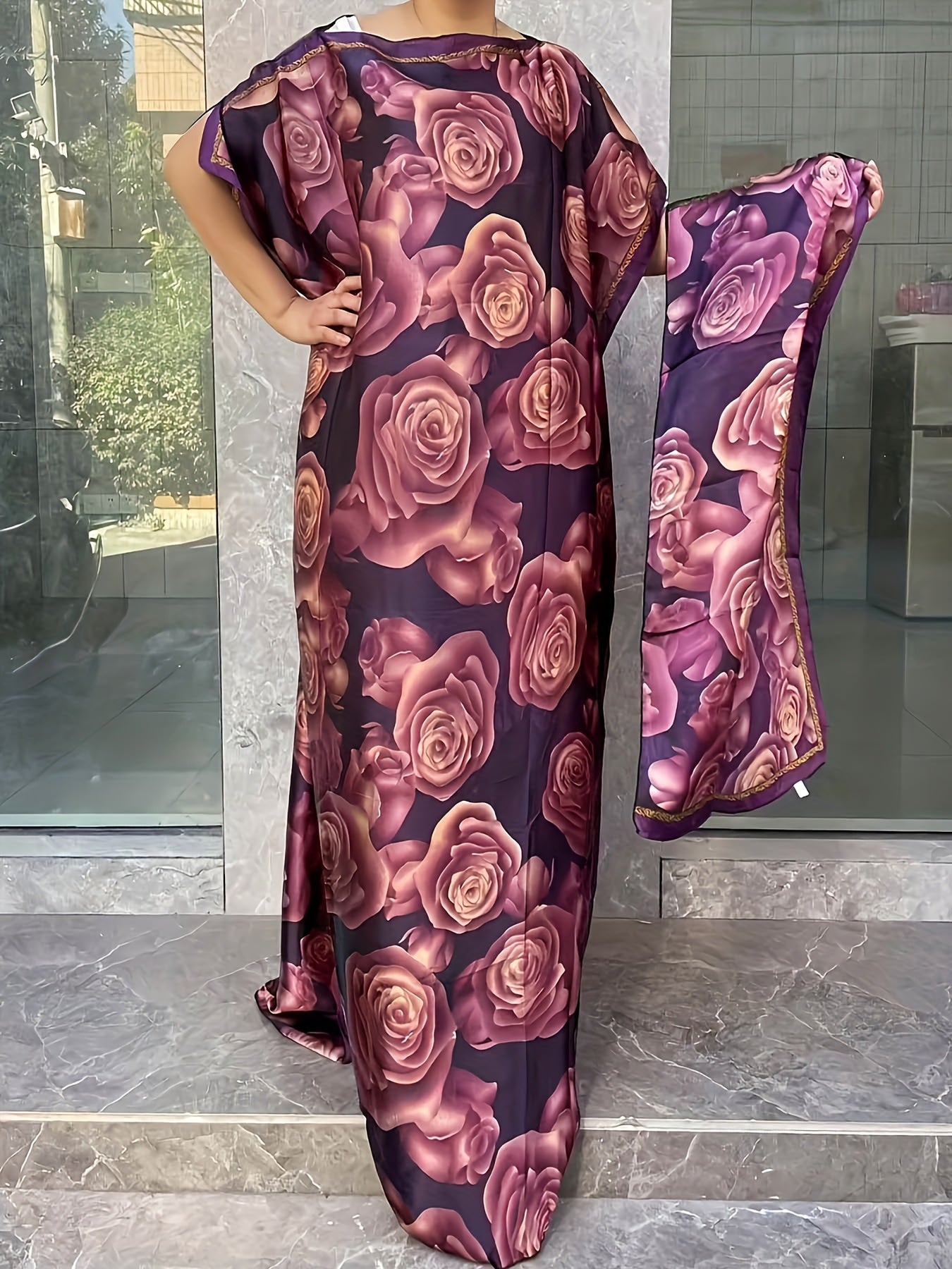 Women's Plus Size Floral Tunic Dress with Scarf Polyester Loose Fit Long Dress