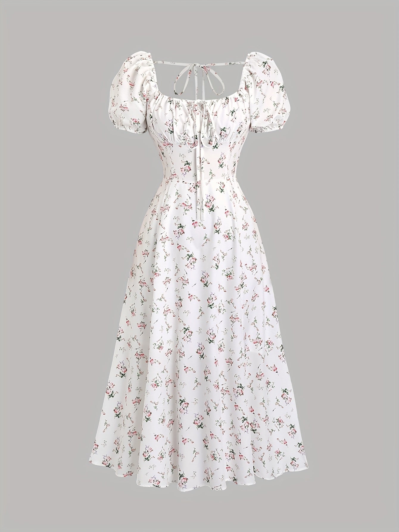 Women's Floral Fitted Dress with Square Neck and Tie Back for All Seasons