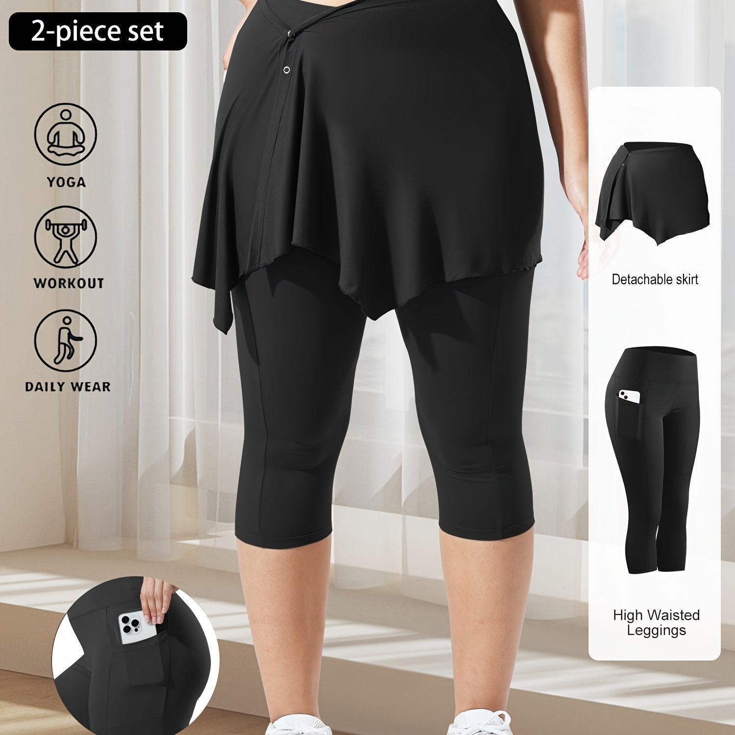 Plus-Size High-Waisted Leggings and Irregular Skirt Set with Pockets